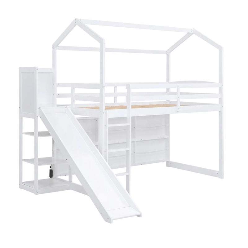 Letto a soppalco singolo in legno a forma di casetta con scivolo, stile casetta da gioco, mobili per cameretta bambini