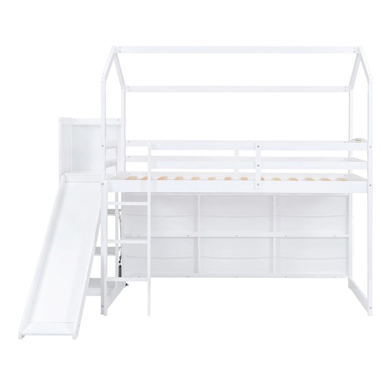 Letto a soppalco singolo in legno a forma di casetta con scivolo, stile casetta da gioco, mobili per cameretta bambini