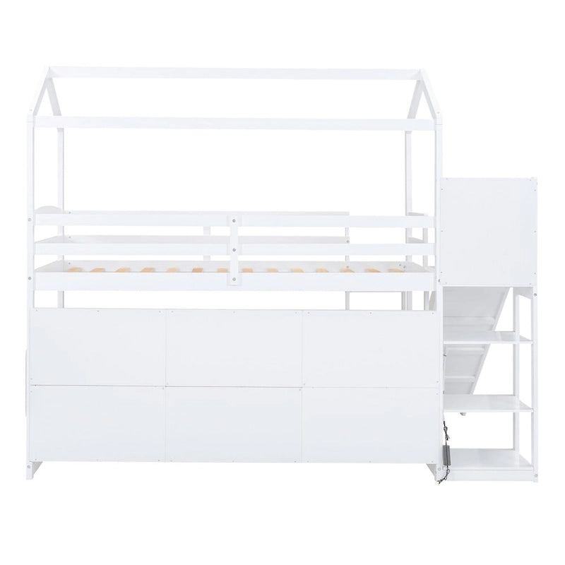Letto a soppalco singolo in legno a forma di casetta con scivolo, stile casetta da gioco, mobili per cameretta bambini