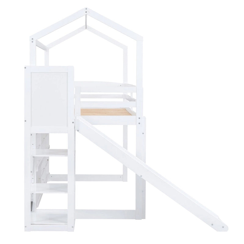 Letto a soppalco singolo in legno a forma di casetta con scivolo, stile casetta da gioco, mobili per cameretta bambini