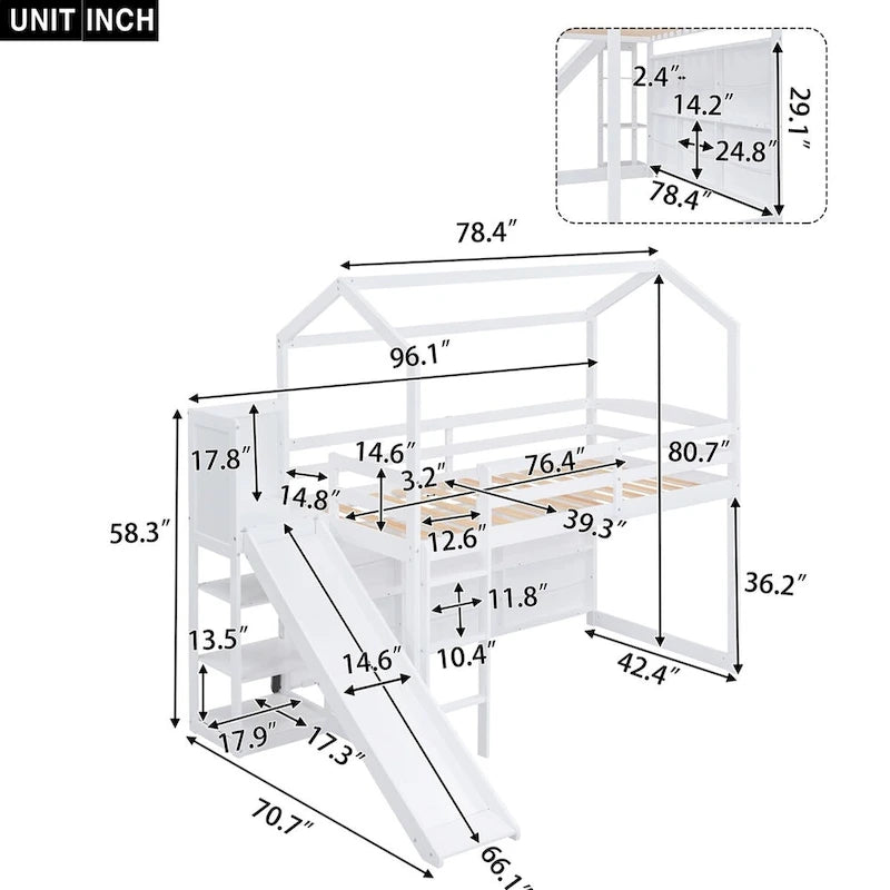 Letto a soppalco singolo in legno a forma di casetta con scivolo, stile casetta da gioco, mobili per cameretta bambini