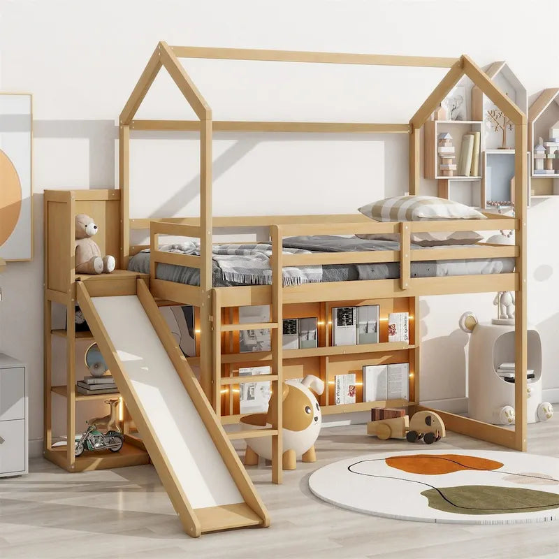 Letto a soppalco singolo in legno a forma di casetta con scivolo, stile casetta da gioco, mobili per cameretta bambini