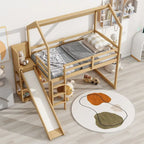 Letto a soppalco singolo in legno a forma di casetta con scivolo, stile casetta da gioco, mobili per cameretta bambini