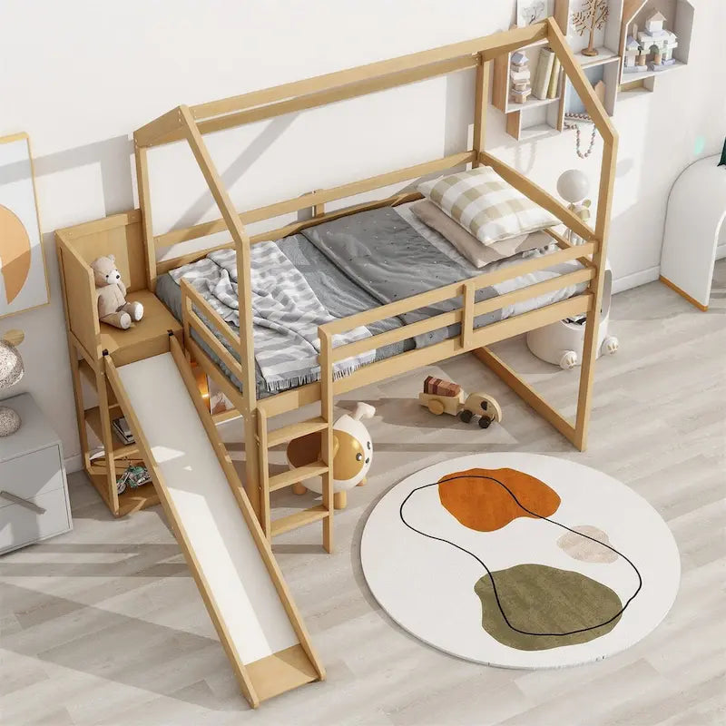 Letto a soppalco singolo in legno a forma di casetta con scivolo, stile casetta da gioco, mobili per cameretta bambini