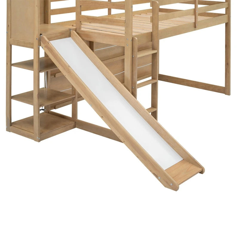 Letto a soppalco singolo in legno a forma di casetta con scivolo, stile casetta da gioco, mobili per cameretta bambini