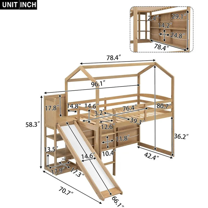 Letto a soppalco singolo in legno a forma di casetta con scivolo, stile casetta da gioco, mobili per cameretta bambini