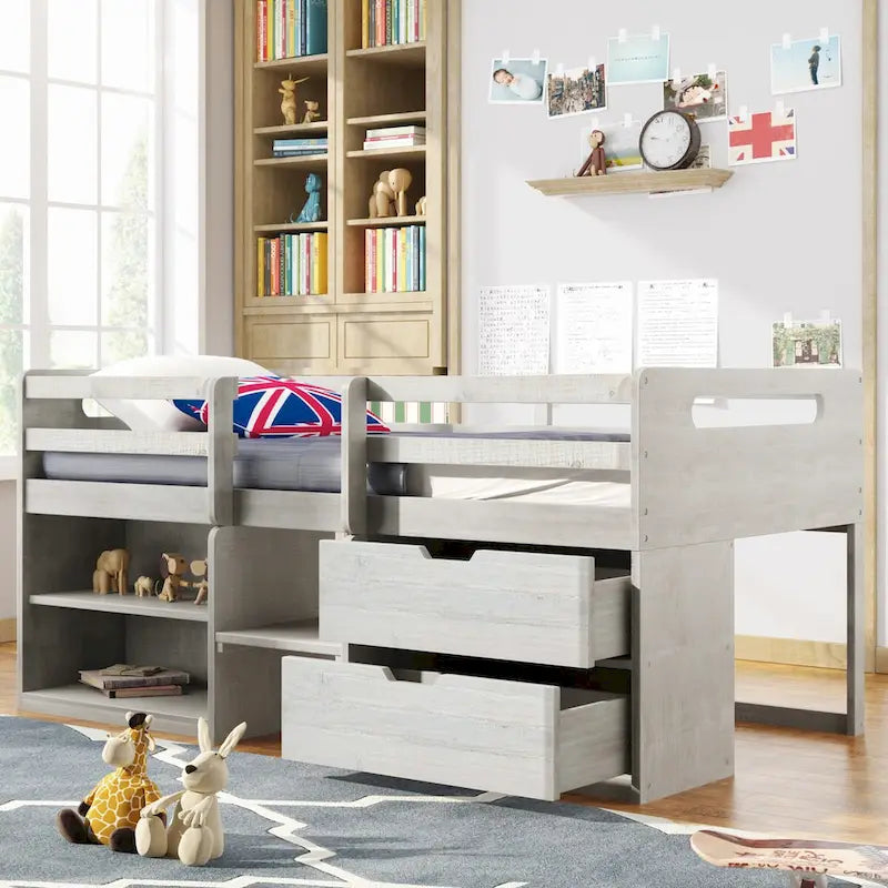 Letto a soppalco singolo in legno massiccio con due ripiani e due cassetti per la custodia