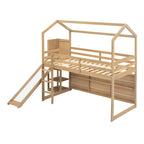 Letto a soppalco in legno a forma di casetta con materasso singolo