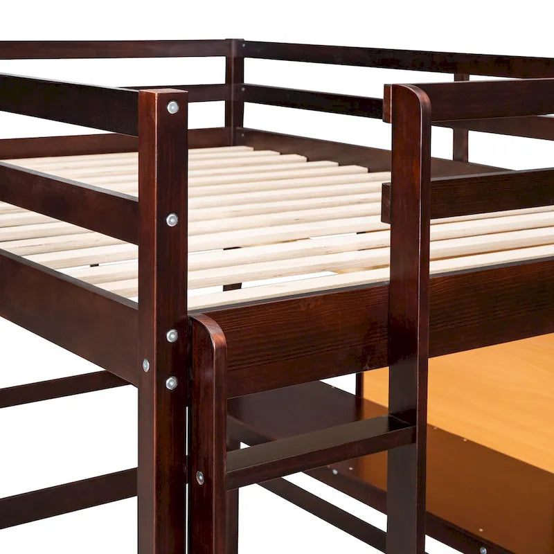 Letto a soppalco Espresso in Pino con Scrivania e Armadio, Lavagna, Sponda di Protezione a Tutta Lunghezza