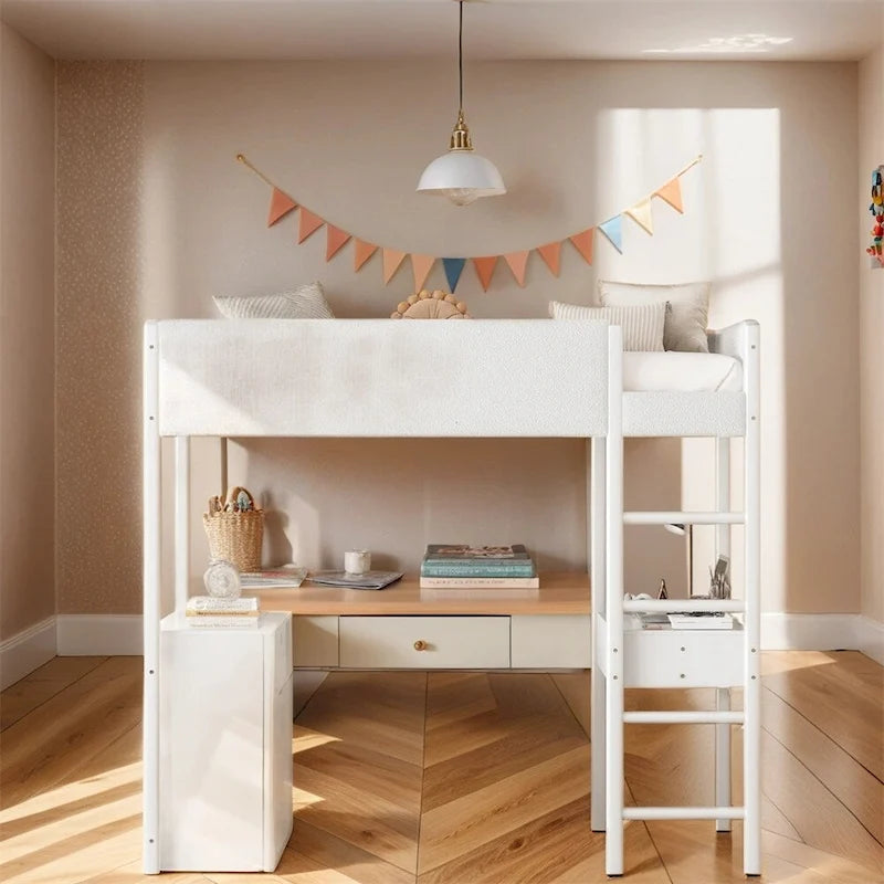 Letto a soppalco singolo in legno con contenitore e scrivania convertibile