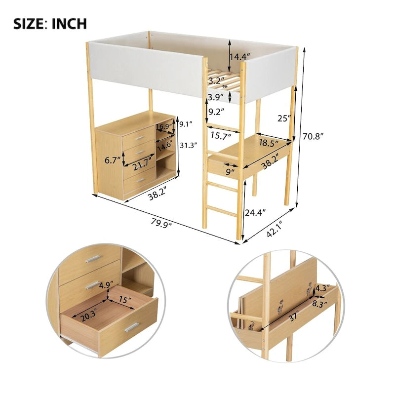 Letto a soppalco singolo in legno con contenitore e scrivania convertibile