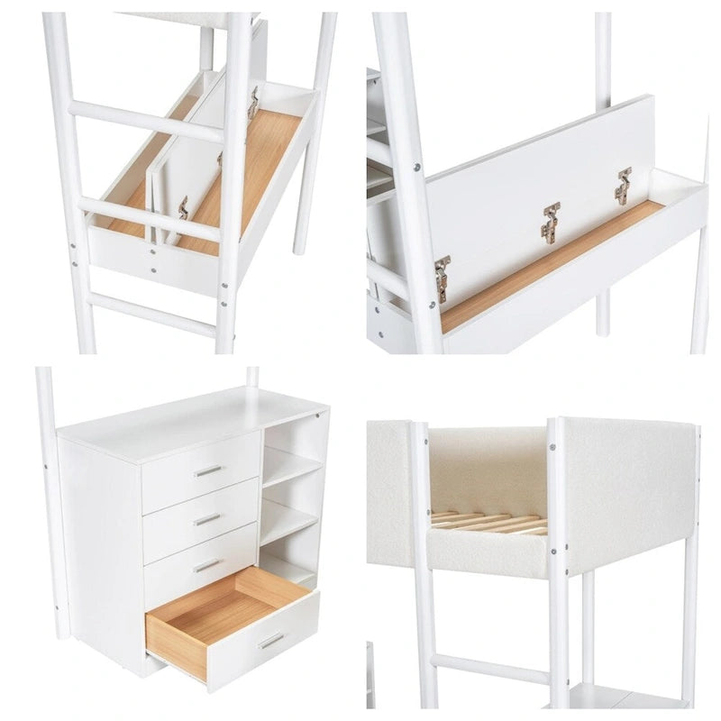 Letto a soppalco singolo in legno con contenitore e scrivania convertibile