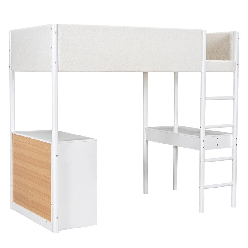 Letto a soppalco singolo in legno con contenitore e scrivania convertibile