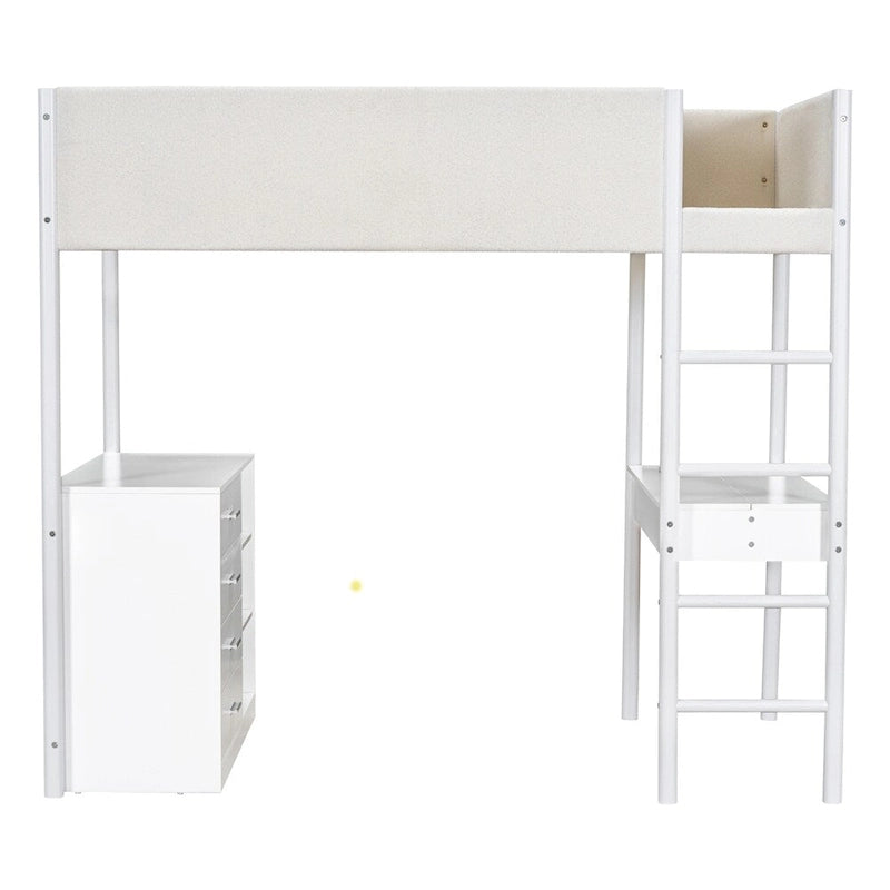 Letto a soppalco singolo in legno con contenitore e scrivania convertibile