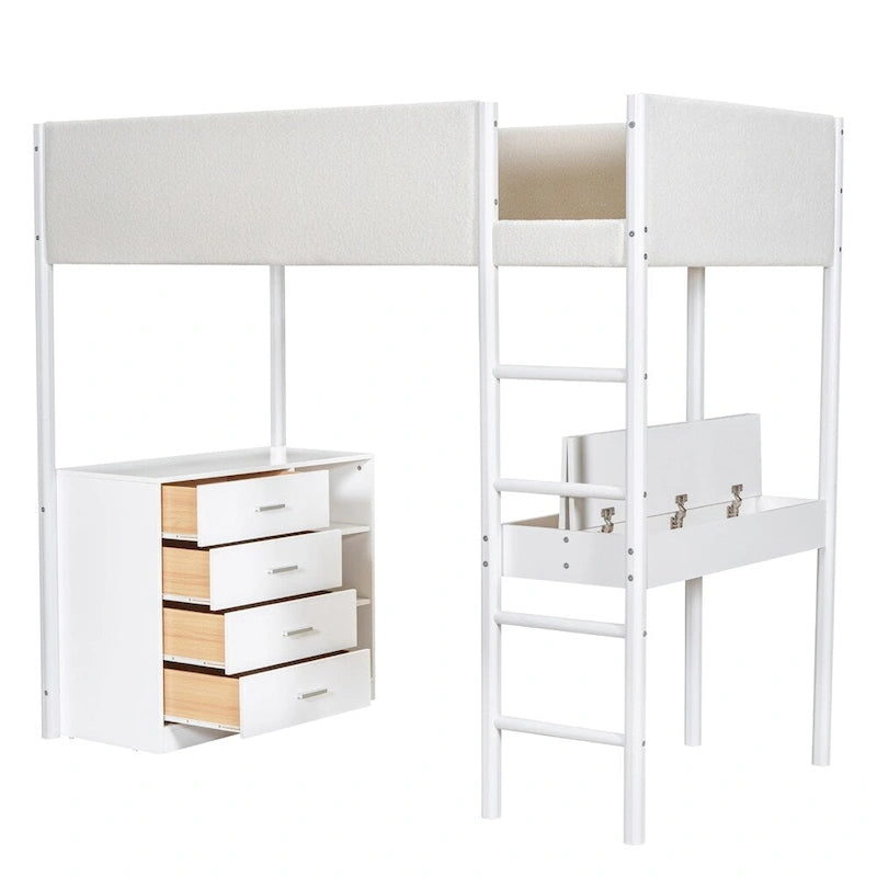 Letto a soppalco singolo in legno con contenitore e scrivania convertibile
