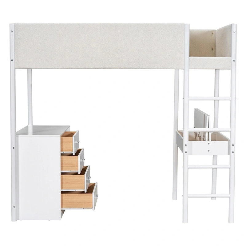 Letto a soppalco singolo in legno con contenitore e scrivania convertibile