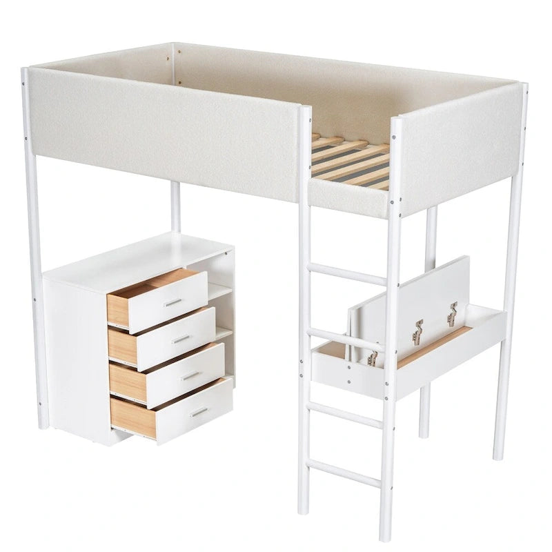 Letto a soppalco singolo in legno con contenitore e scrivania convertibile