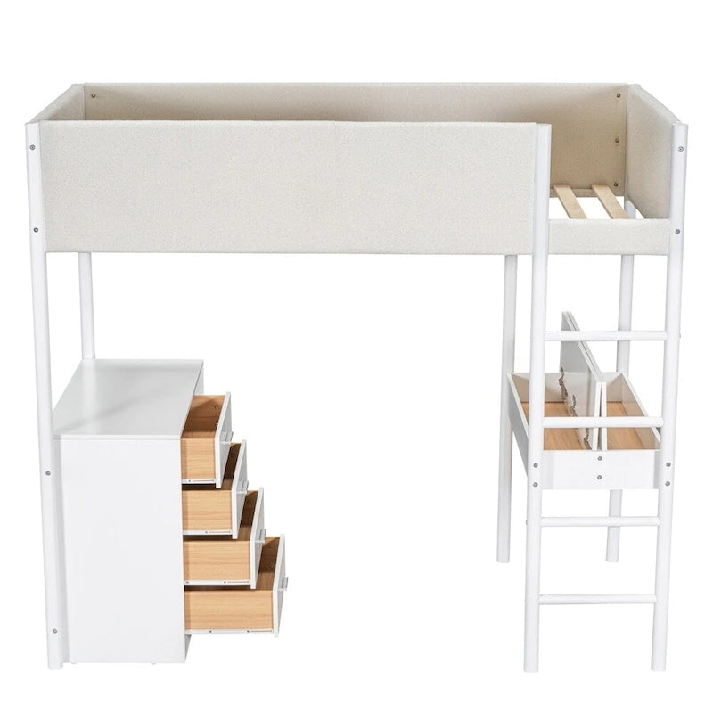Letto a soppalco singolo in legno con contenitore e scrivania convertibile