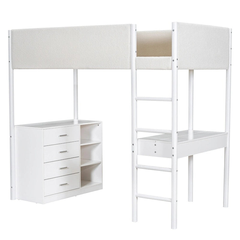 Letto a soppalco singolo in legno con contenitore e scrivania convertibile