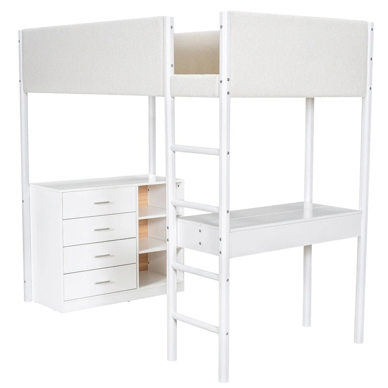 Letto a soppalco singolo in legno con contenitore e scrivania convertibile