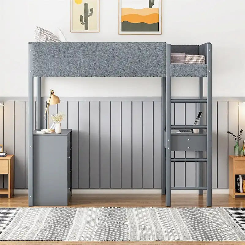 Letto a soppalco singolo in legno con contenitore e scrivania convertibile