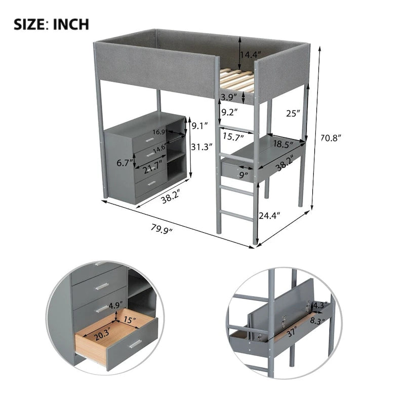 Letto a soppalco singolo in legno con contenitore e scrivania convertibile