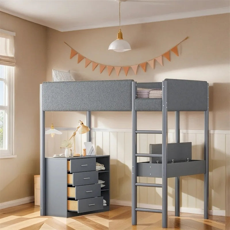 Letto a soppalco singolo in legno con contenitore e scrivania convertibile
