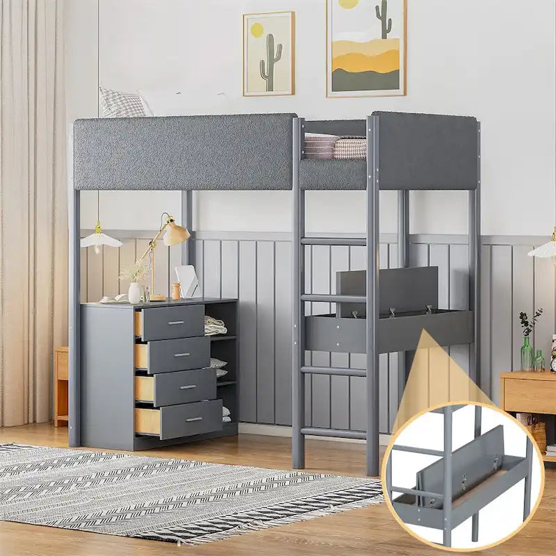 Letto a soppalco singolo in legno con contenitore e scrivania convertibile
