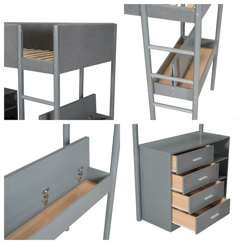 Letto a soppalco singolo in legno con contenitore e scrivania convertibile
