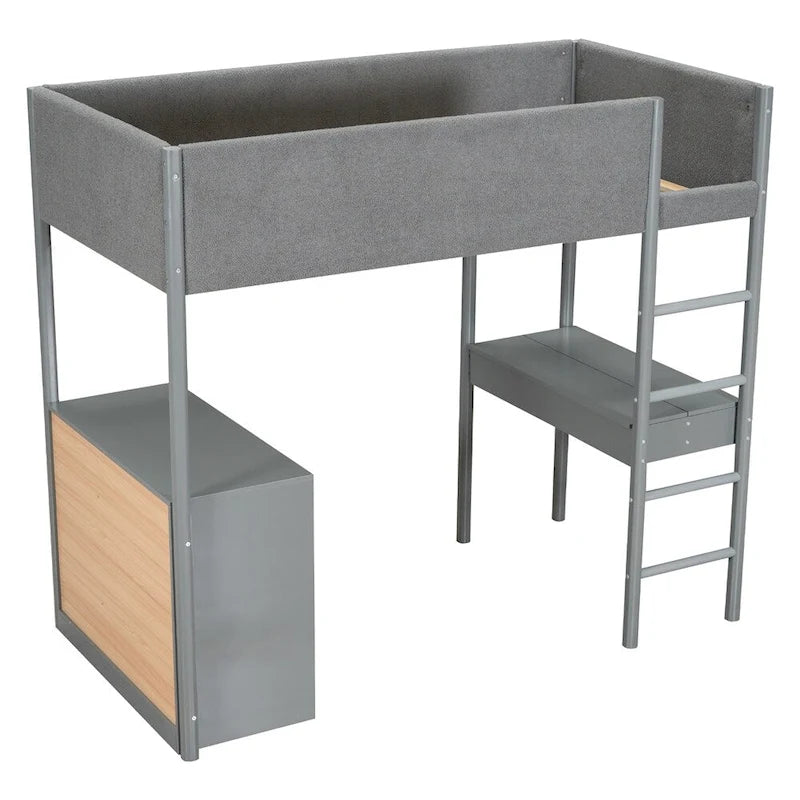 Letto a soppalco singolo in legno con contenitore e scrivania convertibile