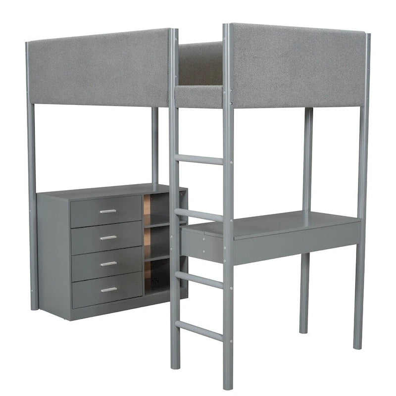 Letto a soppalco singolo in legno con contenitore e scrivania convertibile