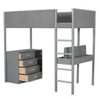 Letto a soppalco singolo in legno con contenitore e scrivania convertibile