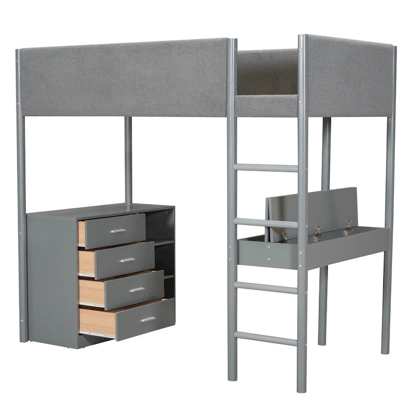 Letto a soppalco singolo in legno con contenitore e scrivania convertibile