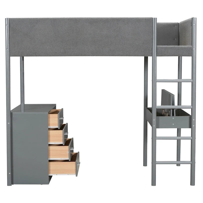 Letto a soppalco singolo in legno con contenitore e scrivania convertibile
