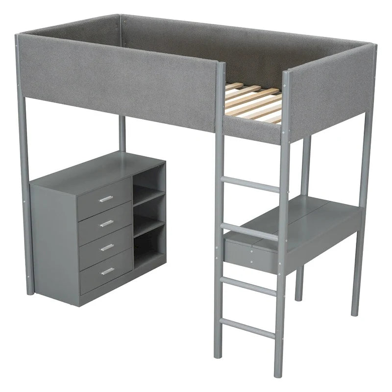 Letto a soppalco singolo in legno con contenitore e scrivania convertibile