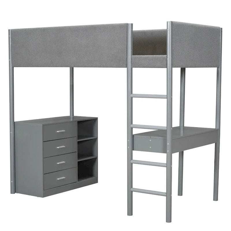 Letto a soppalco singolo in legno con contenitore e scrivania convertibile