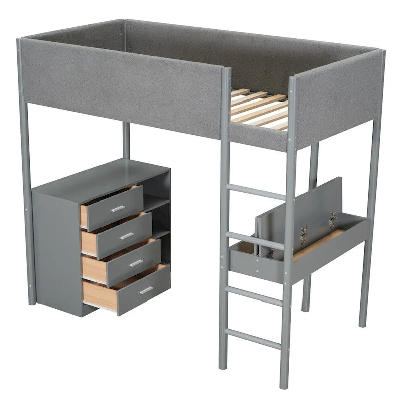 Letto a soppalco singolo in legno con contenitore e scrivania convertibile