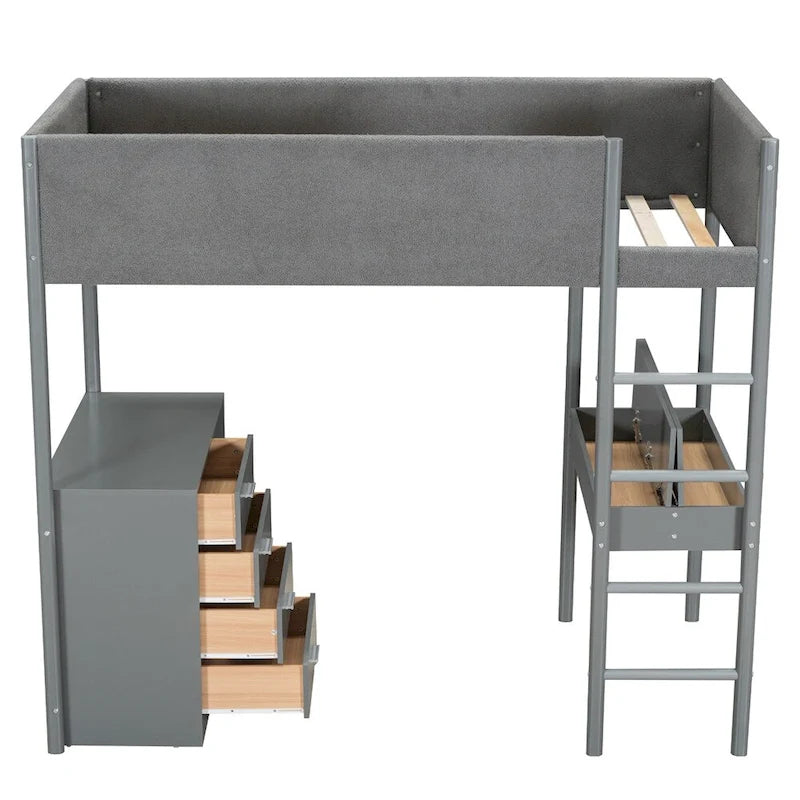 Letto a soppalco singolo in legno con contenitore e scrivania convertibile