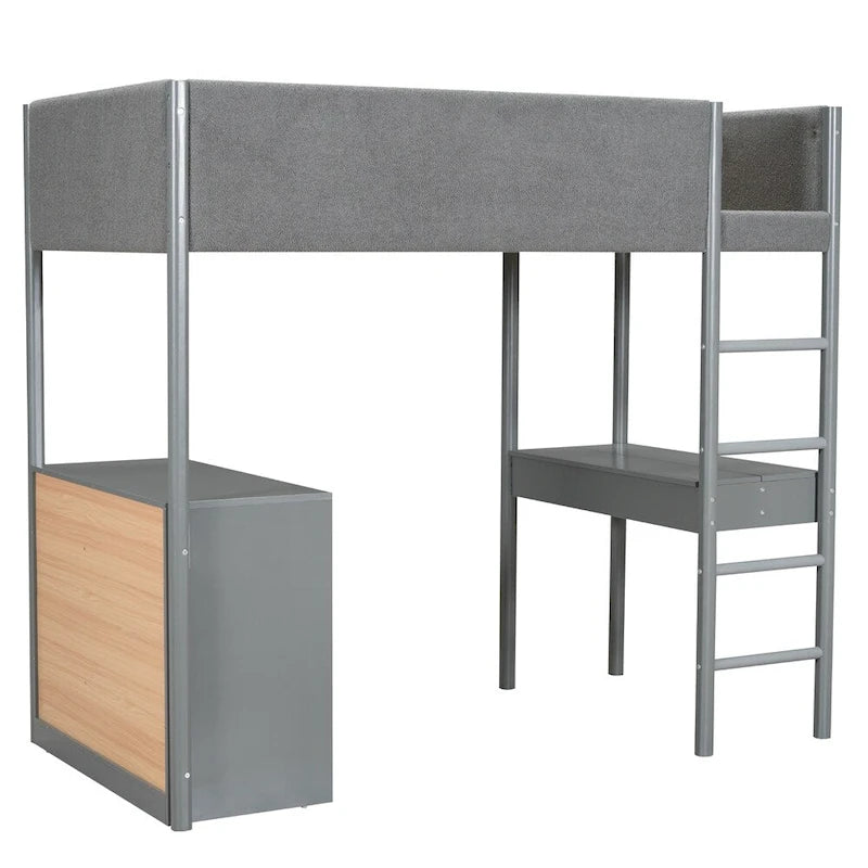 Letto a soppalco singolo in legno con contenitore e scrivania convertibile