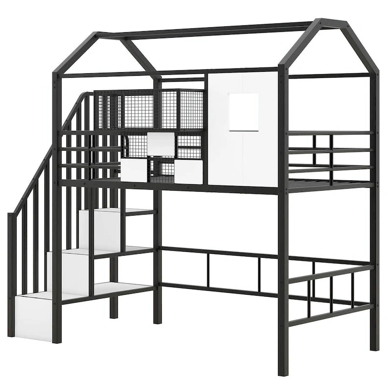 Letto a soppalco singolo in metallo con tetto e contenitore integrato
