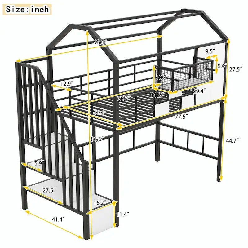 Letto a soppalco singolo in metallo con tetto e contenitore integrato