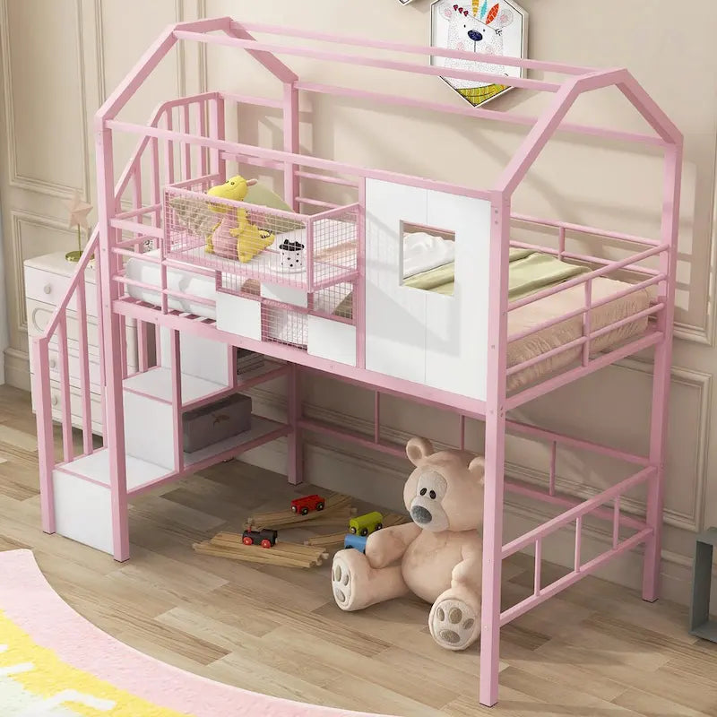 Letto a soppalco singolo in metallo con tetto e contenitore integrato