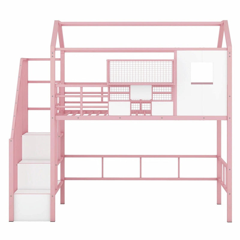 Letto a soppalco singolo in metallo con tetto e contenitore integrato