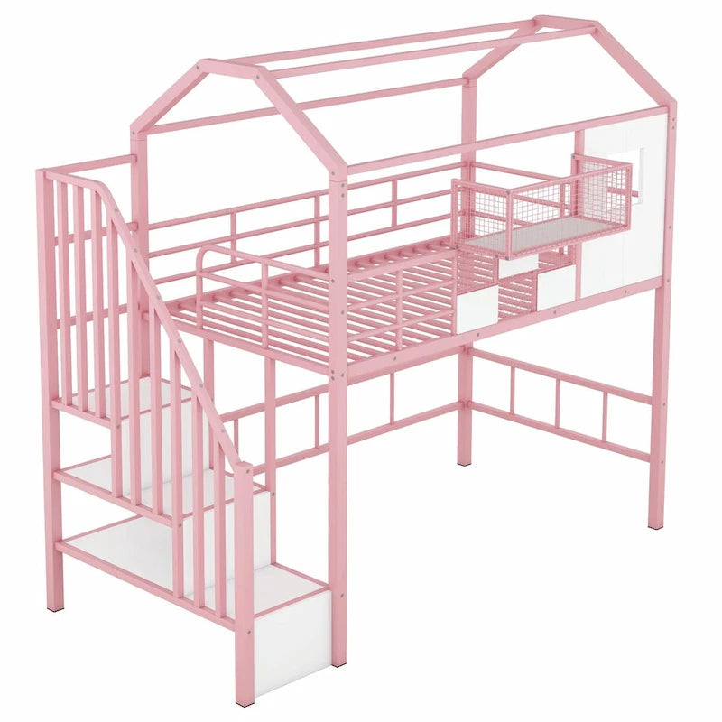 Letto a soppalco singolo in metallo con tetto e contenitore integrato
