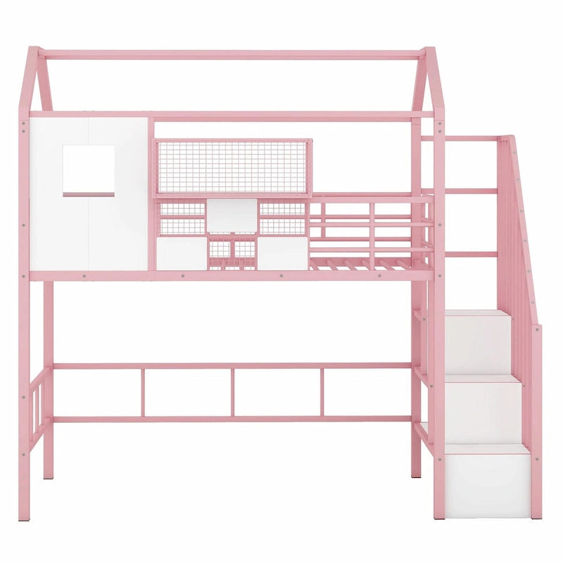 Letto a soppalco singolo in metallo con tetto e contenitore integrato