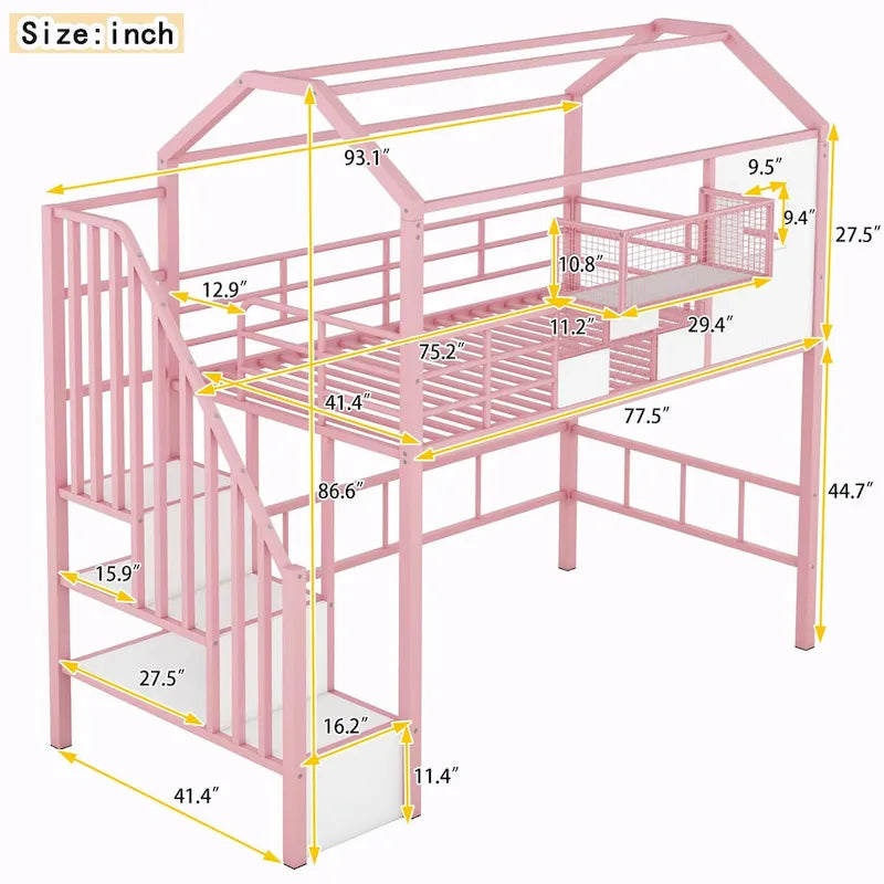 Letto a soppalco singolo in metallo con tetto e contenitore integrato