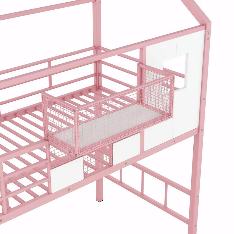 Letto a soppalco singolo in metallo con tetto e contenitore integrato
