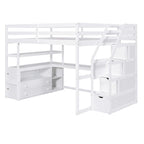 Loft Bed with Desk and Shelves, 2 Built-In Drawers, Storage Staircase