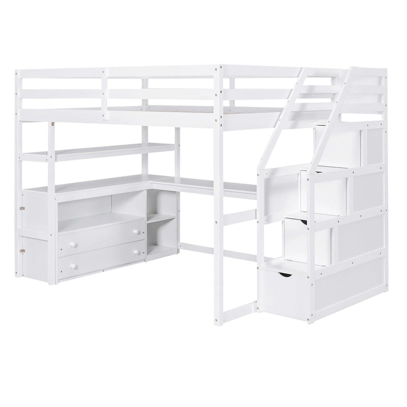 Loft Bed with Desk and Shelves, 2 Built-In Drawers, Storage Staircase