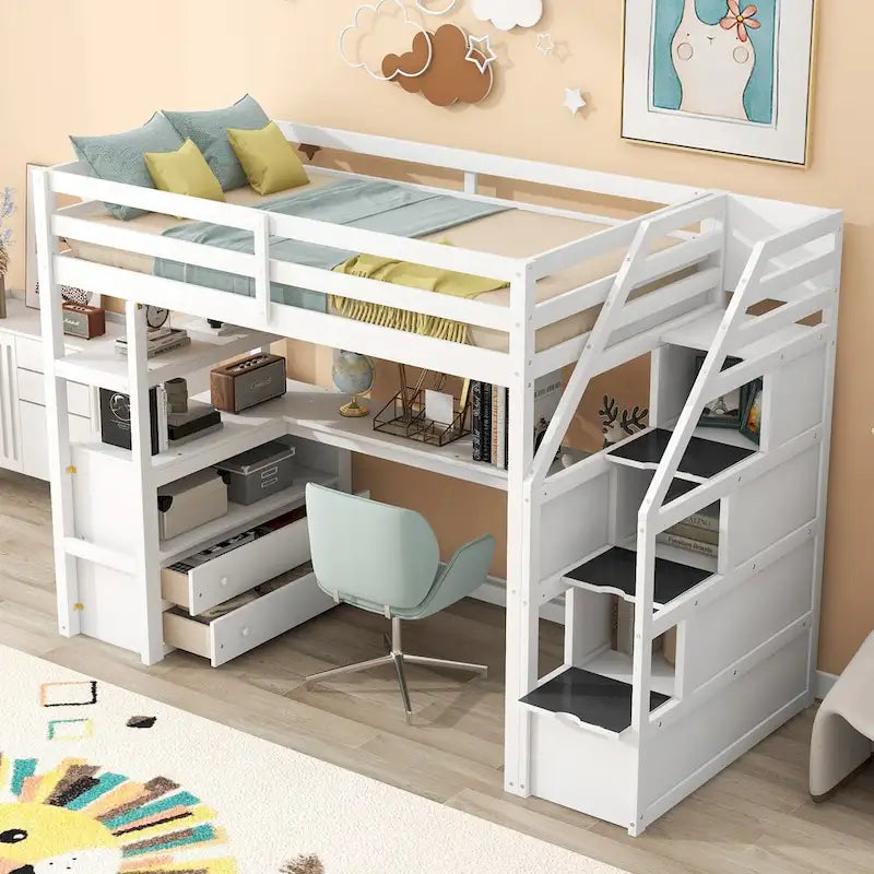 Letto a soppalco con scrivania e mensole, 2 cassetti integrati, scala contenitore